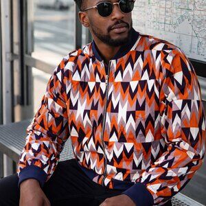 Men’s Large African Print Bomber Jacket – Geometric Pattern, Zip-Up
